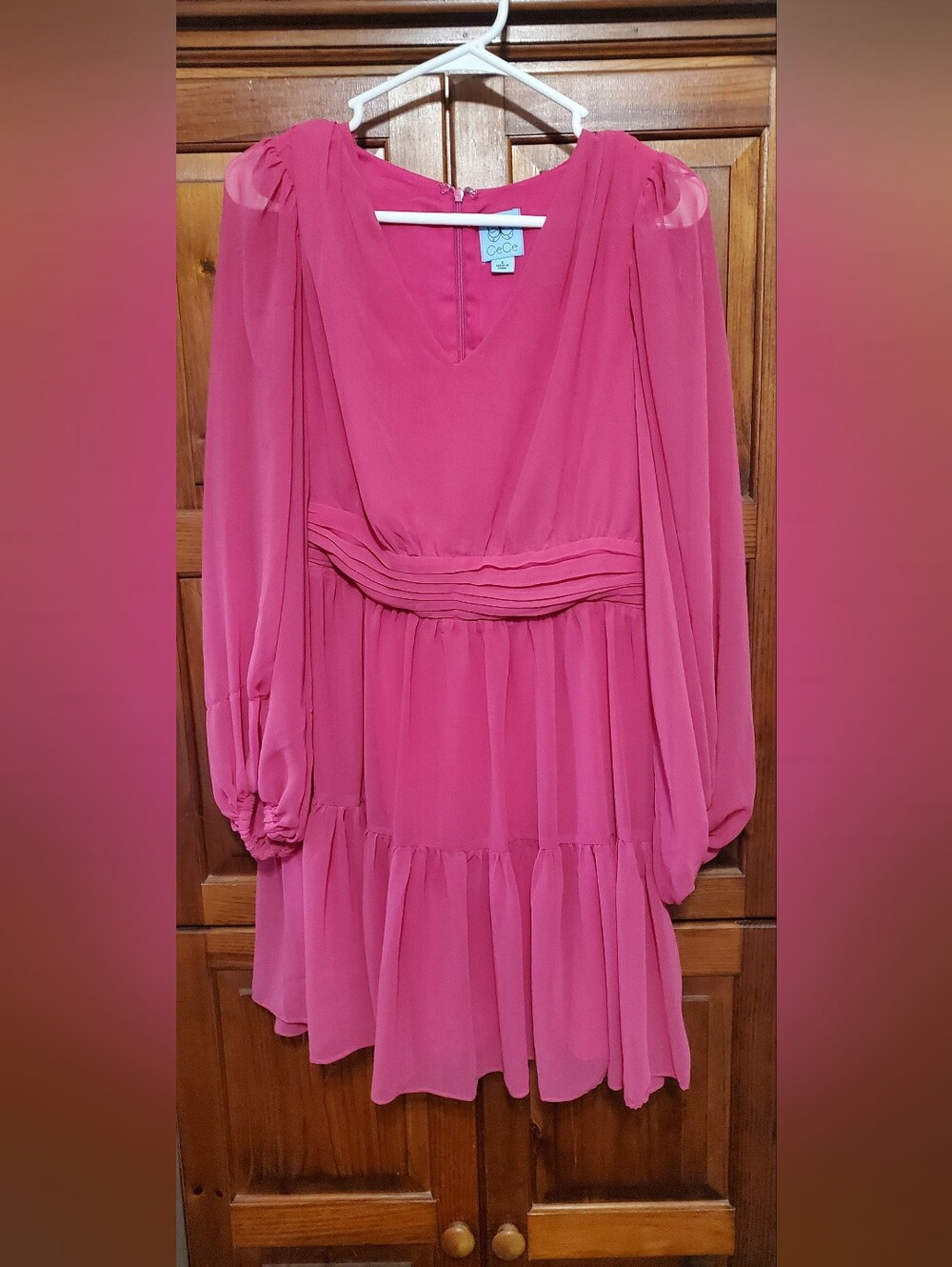 Magenta Long Sleeve V-neck Tie Waist Dress